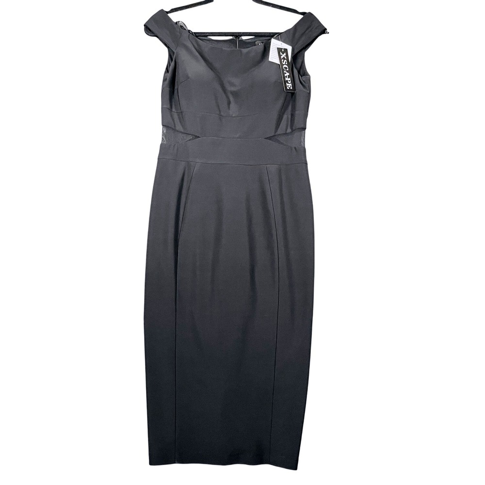 NWT Xscape Off-Shoulder Mesh Inset Black Midi Dress Size 8 Bodycon Formal
